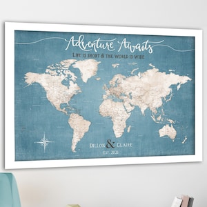 Framed push pin world map, Family Adventure map for pins - Personalized Travel Map of the World, also Large Giclee Print or Canvas Map & Key