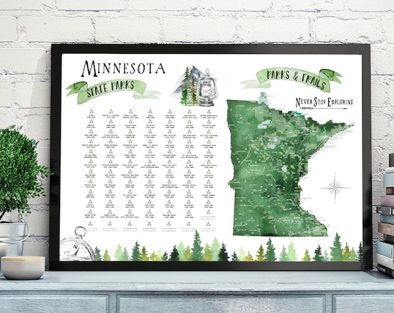 Minnesota Trails and State Parks Map, MN Hiking Map, State Park Checklist for Minnesota, MN Push Pin Map PinBoard, Hike Gift for Husband