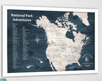 May include: A blue and white map of North America with the names of all the National Parks listed on the left side. The map is framed in white and has the text "National Park Adventures" at the top. The text "Explore the Outdoors, One Adventure at a Time" is at the bottom of the map.