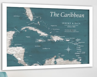 Caribbean Vacation Travel Map, 18x24 to 40x60 Framed or Push Pin Map, Canvas, Island Map Poster Executive Style Map of Caribbean Islands Art