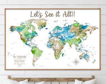 Holiday Gift for Around the World Traveler, Fathers Day Gift for Husband, Adventure Wall Art International Travel Push Pin World Map for Dad