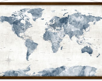 Neutral & Navy Map of the World, Personalized Map, Canvas World Map Print, Large Neutral Wall Map, Personalized Adventure Map for a Family