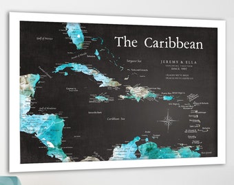 Caribbean Push Pin Map, Track Island Adventures and Cruises around the Caribbean area.  Perfect gift for cruise, island lovers, tropical art