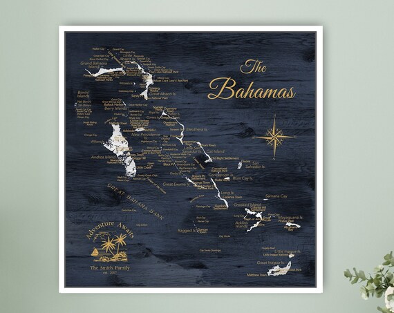 Bahamas Map, Push Pin Map of Caribbean Islands, Detailed Bahamas Islands & Cays, Sailing Gift, Retirement Cruise Adventure Print or Canvas