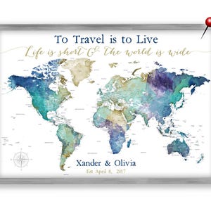Gift for Wife, Framed World Map Push Pin Travel Map with Names & Date, Canvas Wall Map with Personalized Travel Print, Family Adventure Map