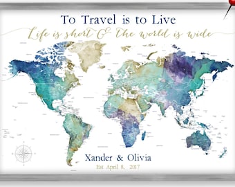 Gift for Wife, Framed World Map Push Pin Travel Map with Names & Date, Canvas Wall Map with Personalized Travel Print, Family Adventure Map