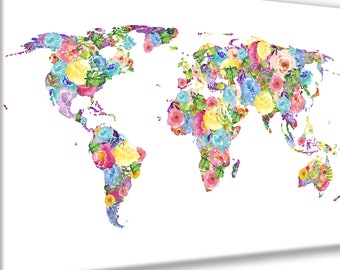 Large Watercolor Flower World Map, Feminine art print world map poster great for Mother's day print gift. Big, pretty colorful floral print