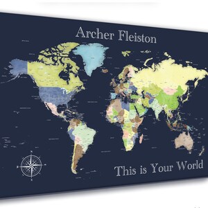 Navy World Wall Map, Choose Framed or Unframed Push Pin Map, Poster or Canvas. Large Sizes up to 40x60, This is Your World or any wording