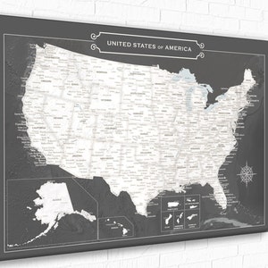 Large Office Style Map Art Gift for Dad, Neutral Color Travel Push Pin USA Map for Father's Birthday, Classy Black, White & Beige Wall Decor image 3