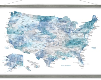 Large USA Map, Soft Blue Watercolor United States Map, Canvas Map Print of USA, Wall Map Wood Frame, Road Trip States and Detailed Cities
