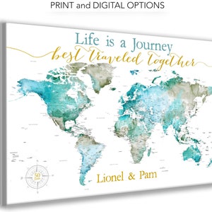 50th Anniversary World Map, Push Pin Canvas, Framed or Print, Travel Map for Personalized Anniversary Gift for Parents, Any Number of Years