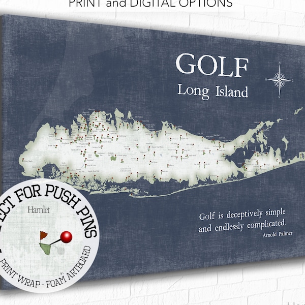 Long Island Golf Map, Golfing Gift for Long Is, Personalized Golfer Gift Art Print, Custom Push Pin map, canvas or Framed Long Is. New York