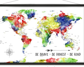 Bright Colorful Map of the World map for Kids, Children's Adventure Travel map, Large Canvas World Map Print, Playroom Wall Decor, Map Art