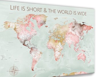 Pretty Push Pin Map for Wedding Gift, 1st Anniversary Gift for Travelers. Large Travel Pin Board Map with Canvas, Poster, Printable Options.