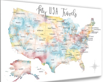 USA Travel Map, Pretty USA Pinboard Wall Map for Young Woman, Gift for Traveler, Gift for Girlfriend, Teen Dorm Canvas Wall Art or Pin Map