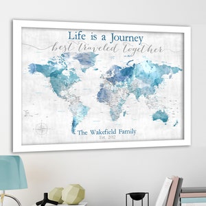 Life is a Journey World Map for Mom, Mother's Day Gift Map for Family Adventures, Push Pin Map Legend, Watercolor Map Print, Canvas, Pin Map