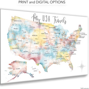 May include: A watercolor map of the United States with each state labeled. The map is in shades of blue, yellow, pink, and orange. The text "My USA Travels" is written in gray at the top of the map.