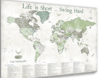 Push Pin Map of World Top 100 Golf Courses, Anniversary gift for wife, Personalized golf gift for husband, Golfing couple. Golfers pin map