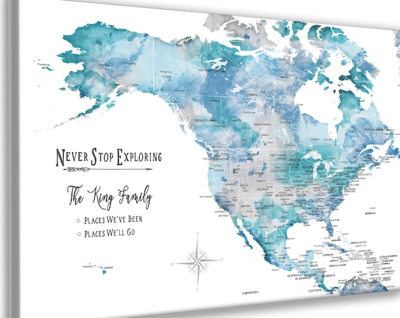 North America and Caribbean Map,  Wife Gift, Anniversary Map, Family RV Travel Map, Push Pin Map of North America, Gift of Family Memories