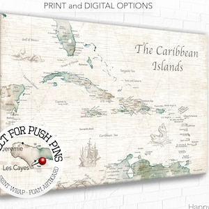 Vintage Push Pin Map of Caribbean with Modern Details, Island Sailing Adventures, Cruising Caribbean Map, Personalized Map Canvas of Islands