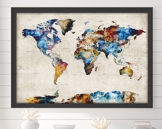 Warm-Colored World Map, Framed Push Pin Map in Watercolor Style, Canvas or Large World Map Poster,Big Family Wall Art Gift for House Warming