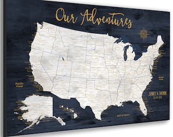 Anniversary Gift for Husband USA Travel Map Print, Push Pin Map, Framed or Canvas, US Pin Map with Key, Detailed cities. Large Wall USA Map