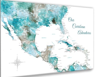 Personalized Caribbean Map of Travels, Island Adventures or Cruise Map, Push Pin Map, Canvas, or Print. Optional Motif and Title, Island Art