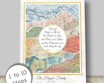 Anniversary Gift, Family Adventures or Retirement Travel Themed Gift, Personalized Vintage Map Adventure Map Canvas, Print or Framed.