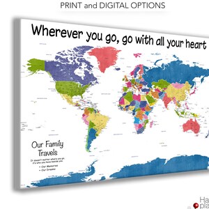Bright Family Travel Map for Push Pins. Mounted on Foamboard to make Pinboard Map. Very Large Educational Detailed World Map, Canvas option