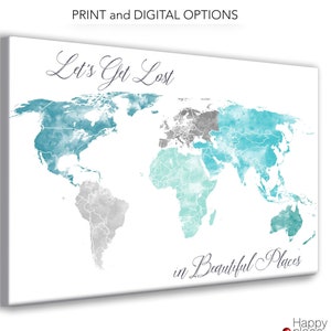 Large World Map Print, Aqua, Turquoise and Green, Watercolor map, Printable Wedding or Travel Map, Push pin map, World pin map, pushpin map