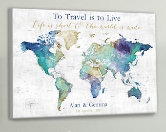 World Map with any title and Personalized Legend. To Travel is to Live Map of the World Print, Canvas, Framed Push Pin Map, Frame, Pin Board