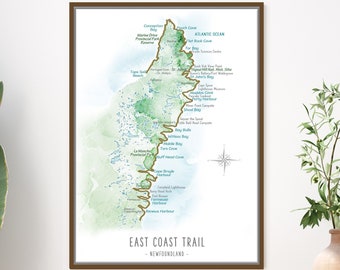 East Coast Trail Map, Newfoundland Hiking Path, Personalized Hiker Gift, Map for Outdoors Adventurer Canvas Art, Custom Wedding Camp Gift