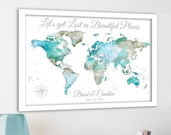 Push Pin World Map for a couple, Perfect Anniversary Gift for Travelers. Pin Board Map with Canvas, Large Poster or Printable Options.