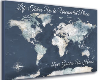 World Map Wall Art with Personalised Text, Neutral Color Map with Words, Life Takes Us To Unexpected Places, Map with Love Quote for Family