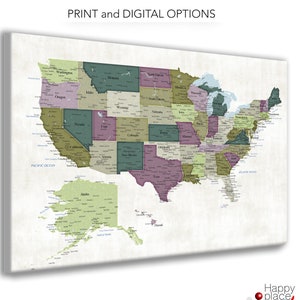 Map of USA with states and cities. US push pin map with poster or canvas map options. Mark vacation travel locations on a large wall map.