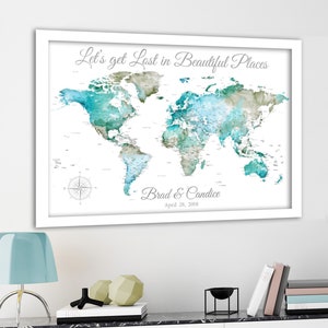 Push Pin World Map for a couple, Perfect Anniversary Gift for Travelers. Pin Board Map with Canvas, Large Poster or Printable Options.