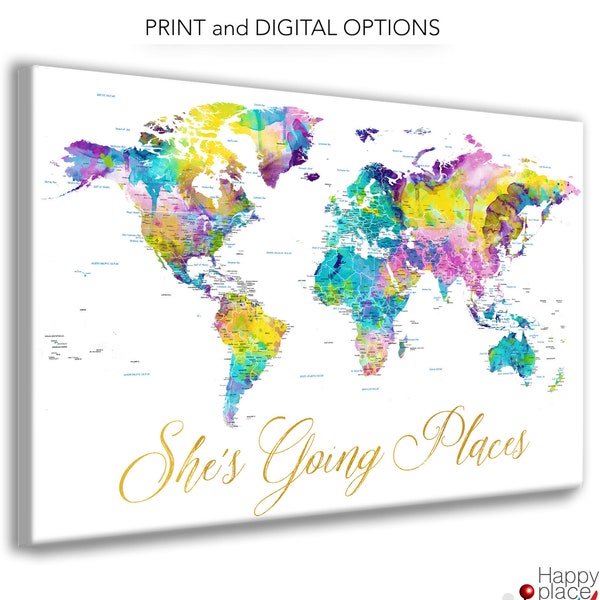 She's Going Places World map with lots of detail. Personalized Push Pin Travel Map, Canvas or Poster. Printable Map Options, Bright Future