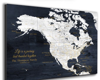 North America Map including the Caribbean Islands. Personalize for Wedding Couple or Retirement Gift for travellers. Adventure Awaits Map