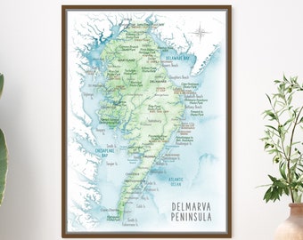 Delmarvar Peninsula Map Wall Art Vacation Home, Watercolor Tourist Map or Hiker Gift, Personalized Delaware PushPin Map Canvas or Framed Art