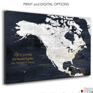 North America Map including the Caribbean Islands. Personalize for Wedding Couple or Retirement Gift for travellers. Adventure Awaits Map