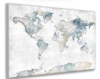 World Map Art, Vintage Distressed Neutral Color, Grayscale, Beige Cream Canvas World Map, Beach House Wall Art Frame Push Pin Travel Trips