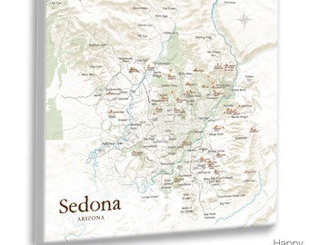 Sedona Map, Arizona Adventures Outdoor in Arizona, Hiking Trails and Peaks, Personalized Family Push Pin Map, Arizona Canvas Art or Poster