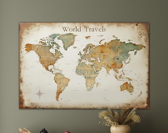 Extra Large Neutral Color Vintage Style Modern World Wall Map, Mounted Foamboard Push Pin Map, Dorm Poster World Travels Map Gift for Him,