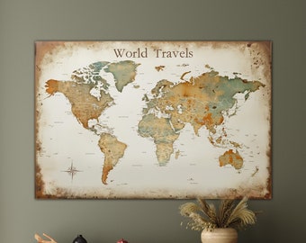 Extra Large Neutral Color Vintage Style Modern World Wall Map, Mounted Foamboard Push Pin Map, Dorm Poster World Travels Map Gift for Him,