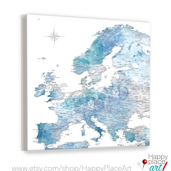 Mapa de Europa para chinchetas, lienzo de viaje europeo o impresión de vacaciones, regalo de aventuras para viajeros, mapa de Europa con chinchetas y ciudades.
