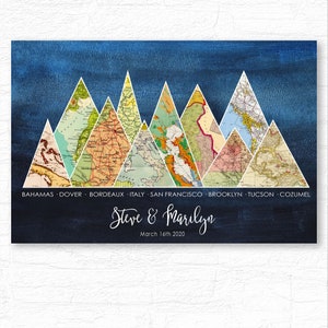 Personalized Anniversary Gift, Engagement Print, Wedding Gift for couple with vintage maps, Special Places Meaningful locations as Mountains