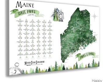 Maine State Park Map Gift, Maine Hiking Map, State Park Checklist for Maine, ME State print, New England Hiking Trails Push Pin Map Board