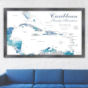 Family Map of Caribbean Travels, Push Pin Map, Canvas or Art Print. Caribbean Gift for Family, Wall Map, Memento of Cruise, Island Sailing