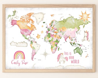 Personalized World Map for Nursery, Children's Wall Map, Unicorns & Rainbows Playroom Wall Canvas with Added Name (optional), Neutral Colors