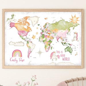 Personalized World Map for Nursery, Children&#39;s Wall Map, Unicorns & Rainbows Playroom Wall Canvas with Added Name (optional), Neutral Colors